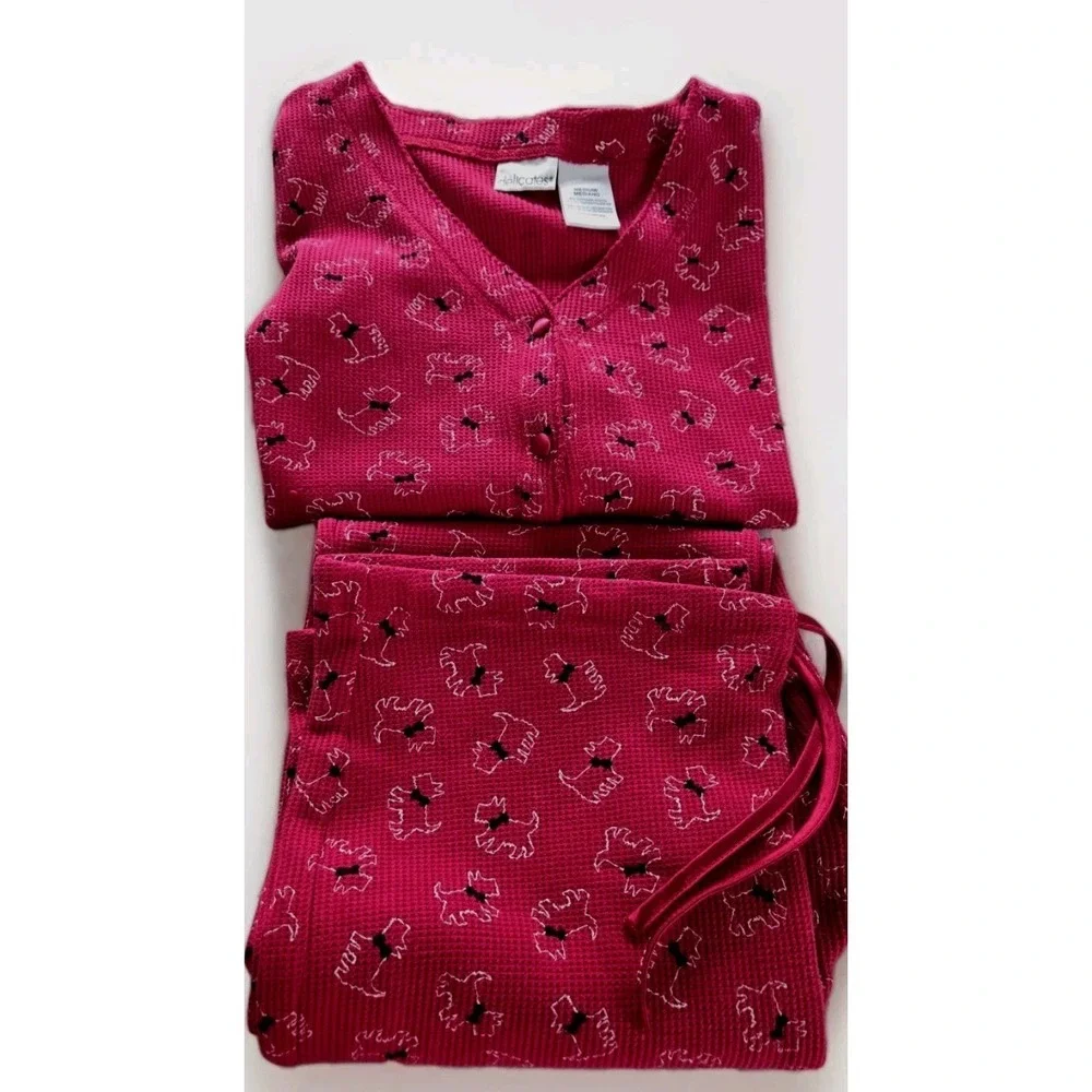 Retro Scottie Dog Thermal Pajama Set Pinky Red Waffle Knit Lounge Sleepwear M